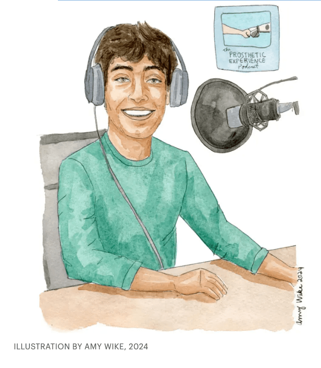 Watercolor illustration of Arav Bhargava with headphones and microphone for The Prosthetic Experience podcast